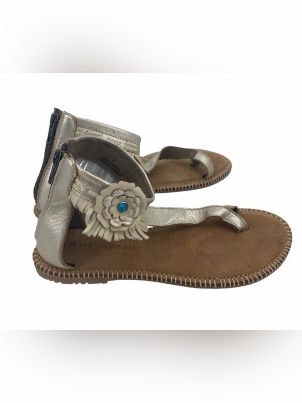 Manitobah Wasaga Ankle Sandal Gold Metallic Women’s Leather Zip Up Sandal Sz: 7